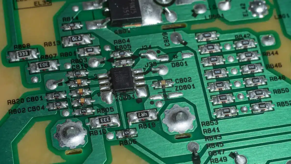 Close-up of a generic circuit board and processor chip on workbench, no logos visible