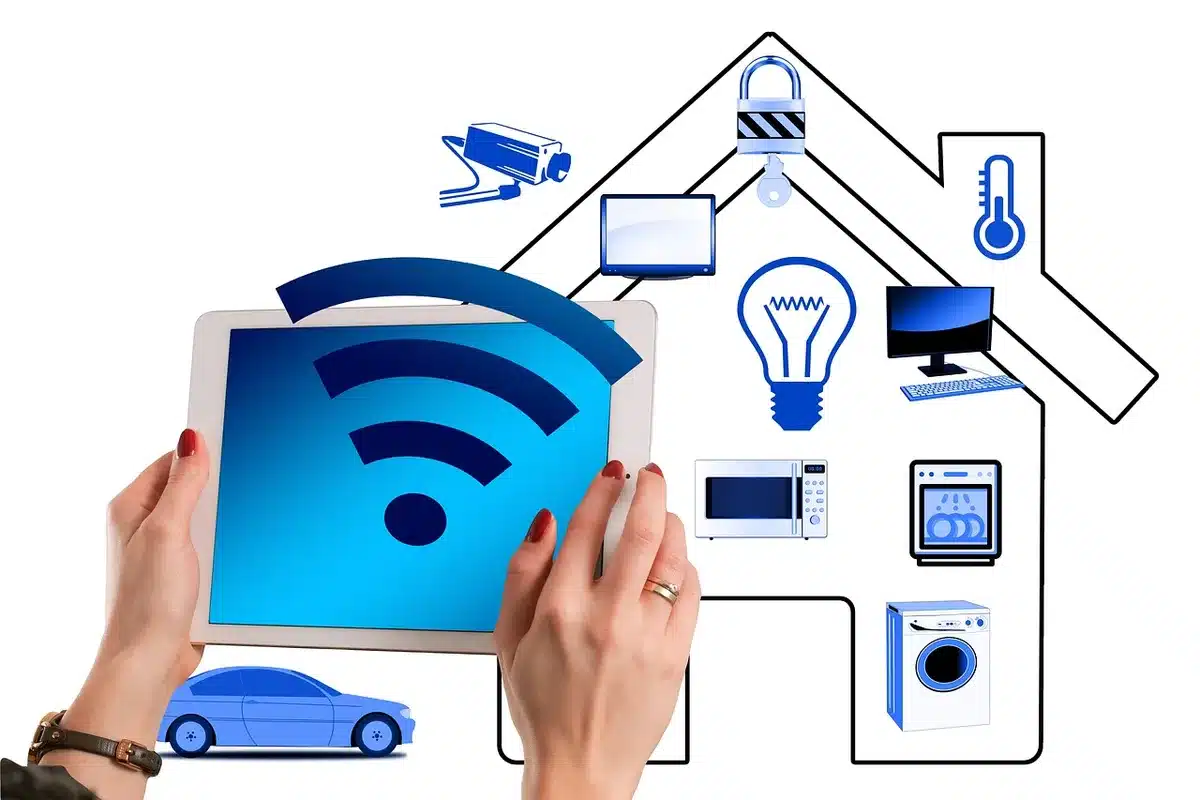 Empty living room with a large anonymous smart TV on a stand, home-screen simplified to app tiles, no logos or identifiable brand